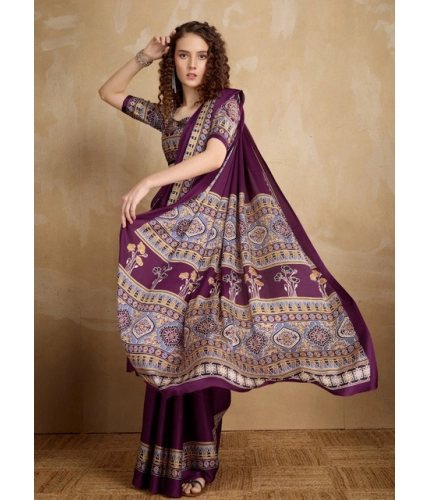 Generic Women's Satin Crepe Printed Saree With Unstitched Blouse 5.5Mtr (Purple)
