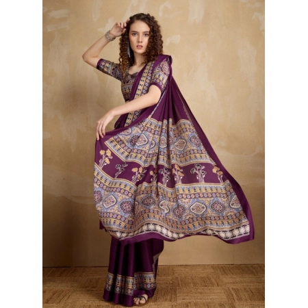 Generic Women's Satin Crepe Printed Saree With Unstitched Blouse 5.5Mtr (Purple)