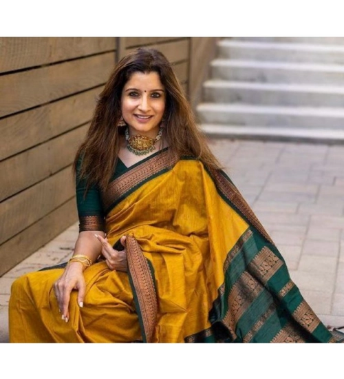 Generic Women's Soft Litchi Silk Jacquard Work Saree With Unstitched Blouse 5.5Mtr (Yellow)