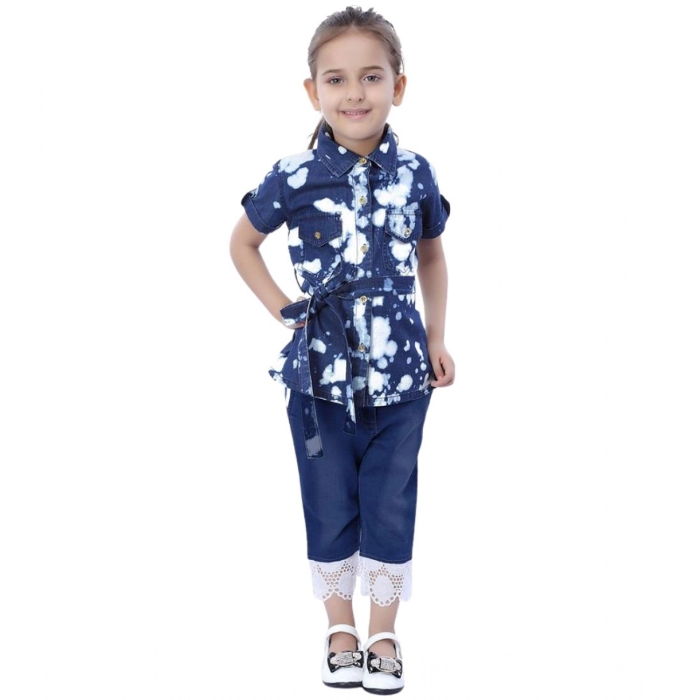 Girl's Denim Tie & Dye Short Sleeve Top (Blue-White)