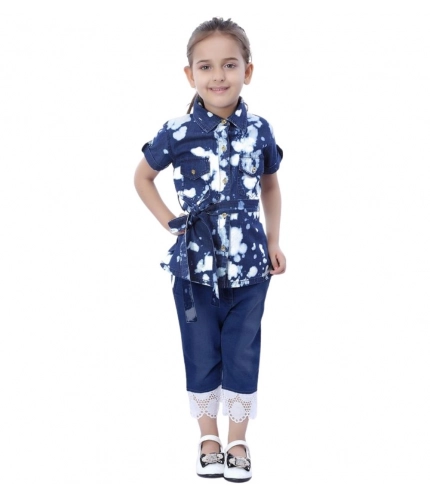 Generic Girl's Denim Tie &amp; Dye Short Sleeve Top (Blue-White)