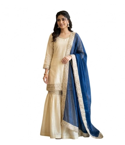 Generic Women's Silk Embroidered 3/4th Sleeve V-Neck Kurti With Sharara Pant and Dupatta Set (Cream &amp; Blue)