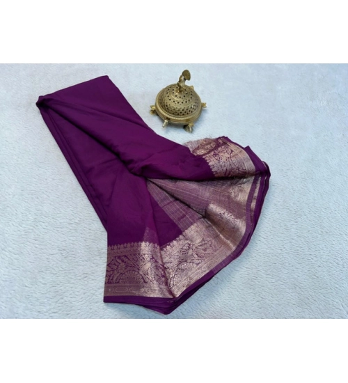 Generic Women's Crepe Chit Pallu Solid Saree With Unstitched Blouse 5.5Mtr (Purple)