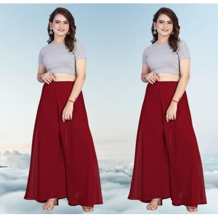 Generic Women's Pack of 2 Georgette Solid High Rise Wide Leg Flared Palazzos with Elastic Waist (Maroon)