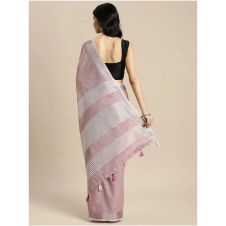 Generic Women's Linen Cotton Printed Saree With Unstitched Blouse 5.5Mtr (Purple)