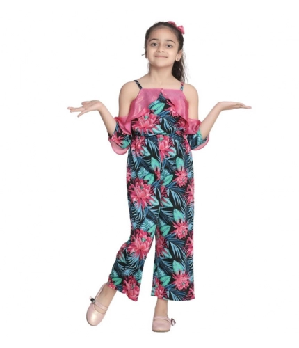 Generic Girl's Polyester Floral Cold Shoulder Jumpsuit (Pink)