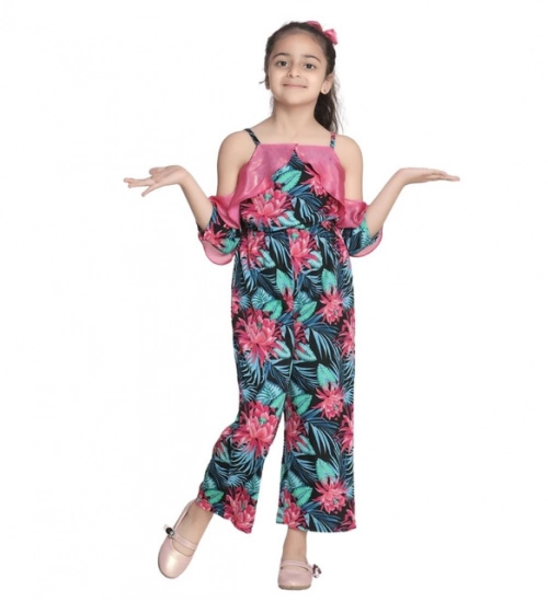 Generic Girl's Polyester Floral Cold Shoulder Jumpsuit (Pink)