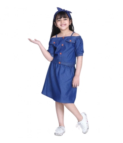 Generic Girl's Denim Solid Cold Shoulder Top and Skirt Set (Navy Blue)