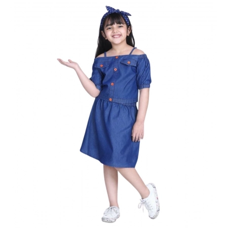 Generic Girl's Denim Solid Cold Shoulder Top and Skirt Set (Navy Blue) Generic Girl's Denim Solid Cold Shoulder Top and Skirt Set (Navy Blue)