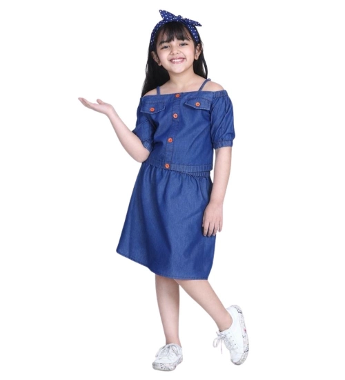 Generic Girl's Denim Solid Cold Shoulder Top and Skirt Set (Navy Blue)