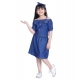 Generic Girl's Denim Solid Cold Shoulder Top and Skirt Set (Navy Blue) Generic Girl's Denim Solid Cold Shoulder Top and Skirt Set (Navy Blue)