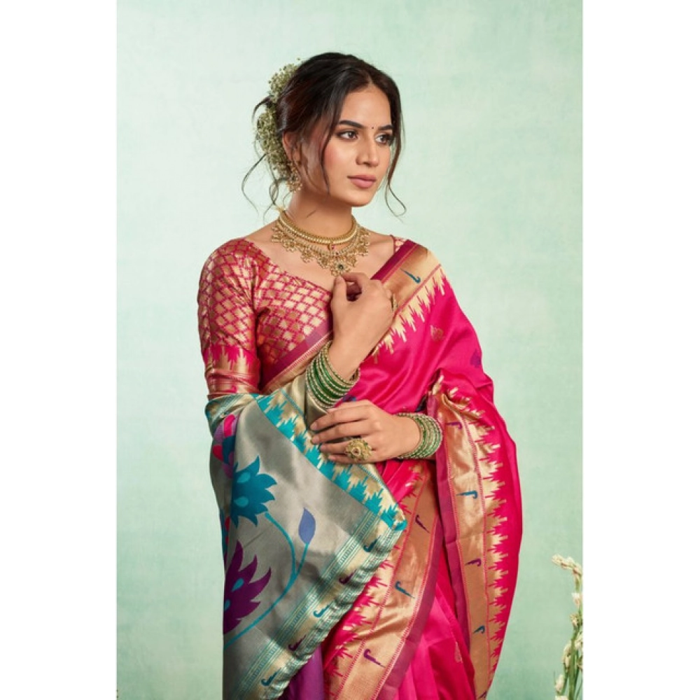 Generic Women's Silk Blend Woven Saree With Unstitched Blouse 5.5 Mtr (Pink)