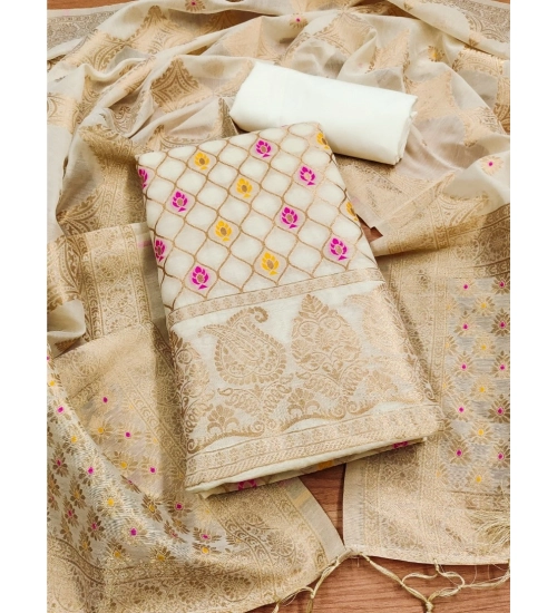 Generic Women's Banarasi Silk Printed Unstitched Salwar Suit Material With Dupatta (White, 3Mtrs)