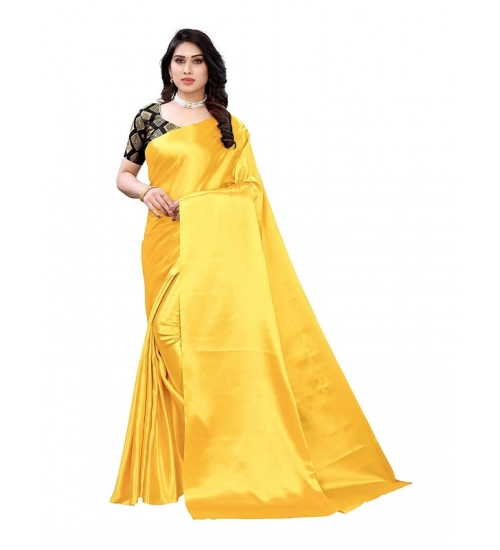 Generic Women's Satin Printed Saree With Unstitched Blouse 5.5Mtr (Yellow)