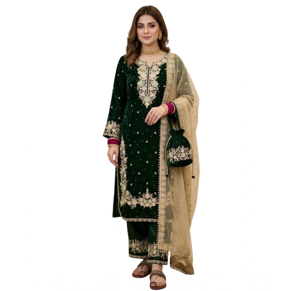 Generic Women's Silk Embroidered 3/4th Sleeve Round Kurti With Palazzo Pant and Dupatta Set (Dark Green) Generic Women's Silk Embroidered 3/4th Sleeve Round Kurti With Palazzo Pant and Dupatta Set (Dark Green)