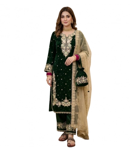Generic Women's Silk Embroidered 3/4th Sleeve Round Kurti With Palazzo Pant and Dupatta Set (Dark Green)