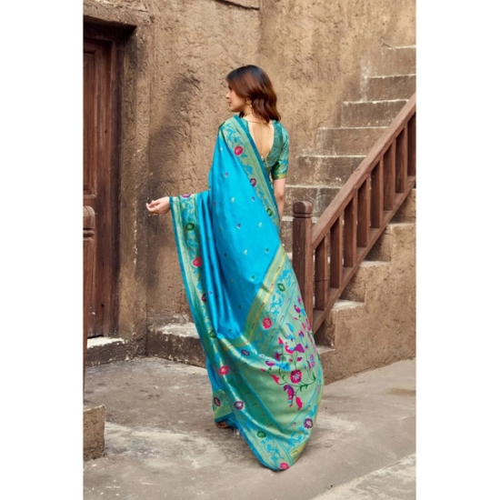 Generic Women's Silk Blend Woven Saree With Unstitched Blouse 5.5 Mtr (Aqua_Blue)
