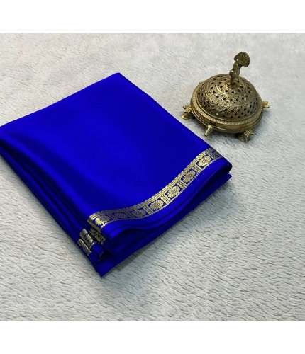 Generic Women's Crepe Chit Pallu Solid Saree With Unstitched Blouse 5.5Mtr (Blue)