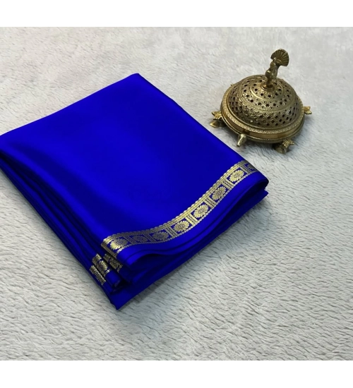 Generic Women's Crepe Chit Pallu Solid Saree With Unstitched Blouse 5.5Mtr (Blue)