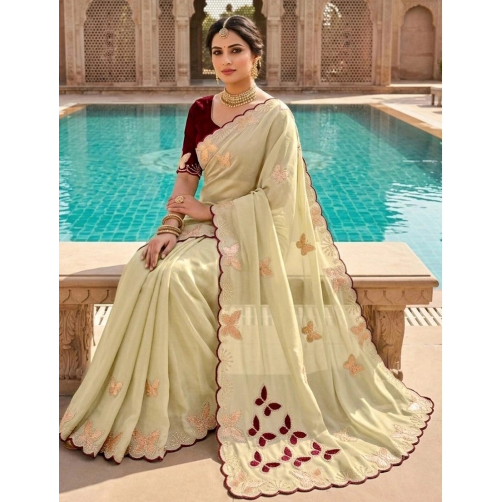 Generic Women's Star Georgette Embellished Saree With Unstitched Blouse 5.5Mtr (Beige-Maroon)