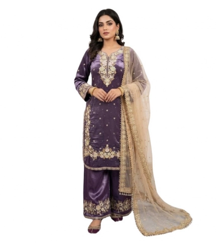 Generic Women's Silk Embroidered 3/4th Sleeve Round Kurti With Palazzo Pant and Dupatta Set (Purple)