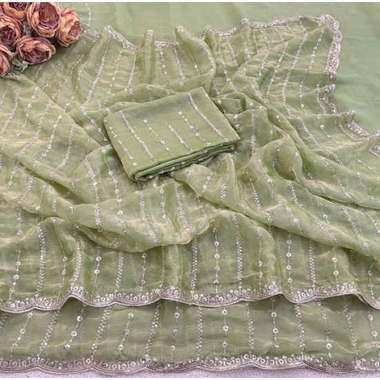 Generic Women's Slik Embellished Saree With Unstitched Blouse 5.5Mtr (Green)