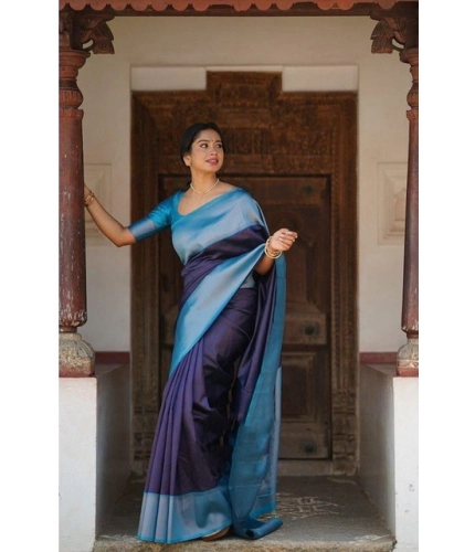 Generic Women's Soft Lichi Silk Printed Saree With Unstitched Blouse 5.5Mtr (Blue)