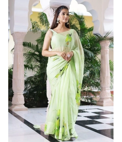 Generic Women's Linen Printed Saree With Unstitched Blouse 5.5Mtr (Green)