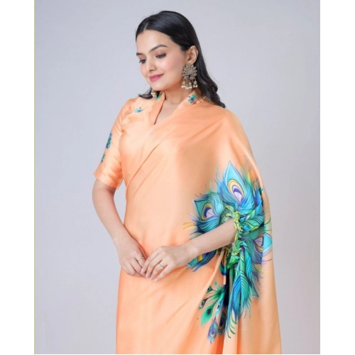 Women's Soft Crepe Silk Printed Ready To Wear Saree With Unstitched Blouse 5.5Mtr (Orange) Women's Soft Crepe Silk Printed Ready To Wear Saree With Unstitched Blouse 5.5Mtr (Orange)