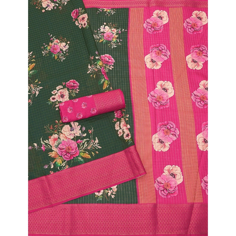 Women's Cotton Blend Floral Printed Saree With Unstitched Blouse 5.5Mtr (Green)