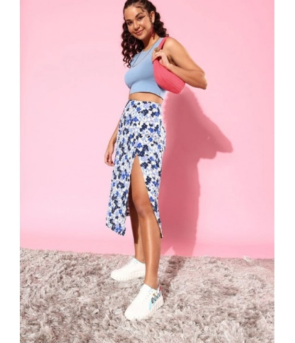 Generic Women's Polyester Floral Side Zip Skirt (Blue - White)