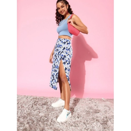 Generic Women's Polyester Floral Side Zip Skirt (Blue - White)