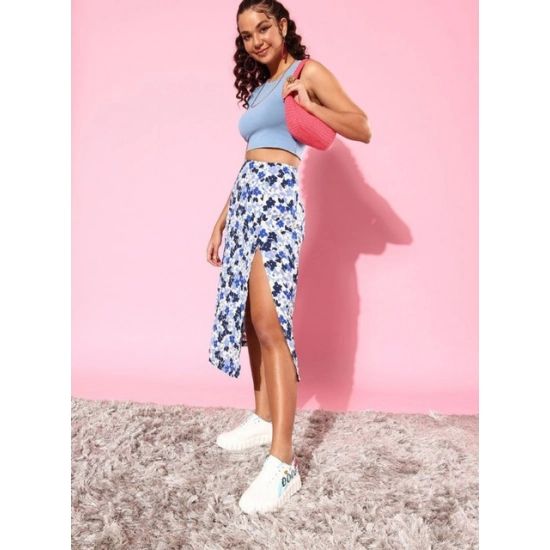 Generic Women's Polyester Floral Side Zip Skirt (Blue - White) Generic Women's Polyester Floral Side Zip Skirt (Blue - White)