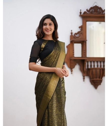 Generic Women's Soft Lichi Silk Printed Saree With Unstitched Blouse 5.5Mtr (Green)