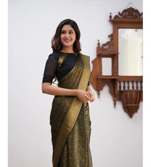 Generic Women's Soft Lichi Silk Printed Saree With Unstitched Blouse 5.5Mtr (Green)