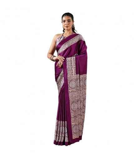 Generic Women's Satin Crepe Printed Saree With Unstitched Blouse 5.5Mtr (Purple)
