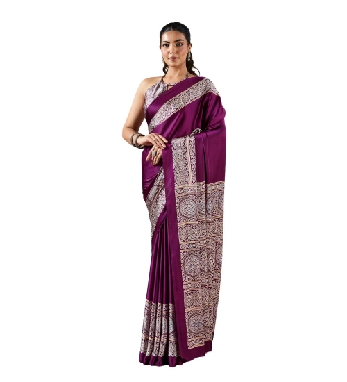Generic Women's Satin Crepe Printed Saree With Unstitched Blouse 5.5Mtr (Purple)