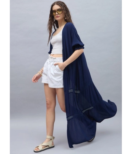 Generic Women's Rayon Crepe Lace Inserts 3-4th Sleeve Shrug (Navy)
