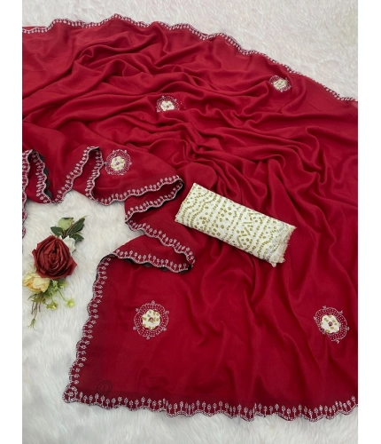 Generic Women's Chiffon Butti Dotted Saree With Unstitched Blouse 5.5Mtr (Red)