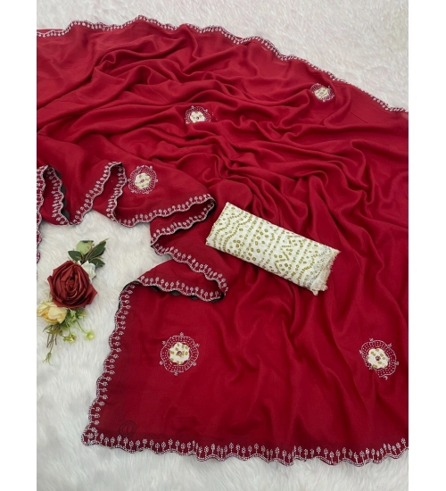 Generic Women's Chiffon Butti Dotted Saree With Unstitched Blouse 5.5Mtr (Red) Generic Women's Chiffon Butti Dotted Saree With Unstitched Blouse 5.5Mtr (Red)