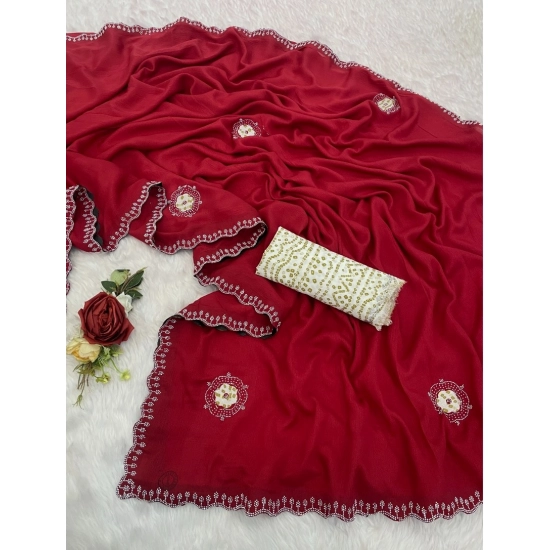 Generic Women's Chiffon Butti Dotted Saree With Unstitched Blouse 5.5Mtr (Red)