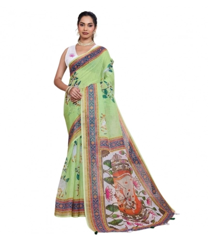Generic Women's Linen Floral Printed Saree With Unstitched Blouse 5.5Mtr (Light Green)