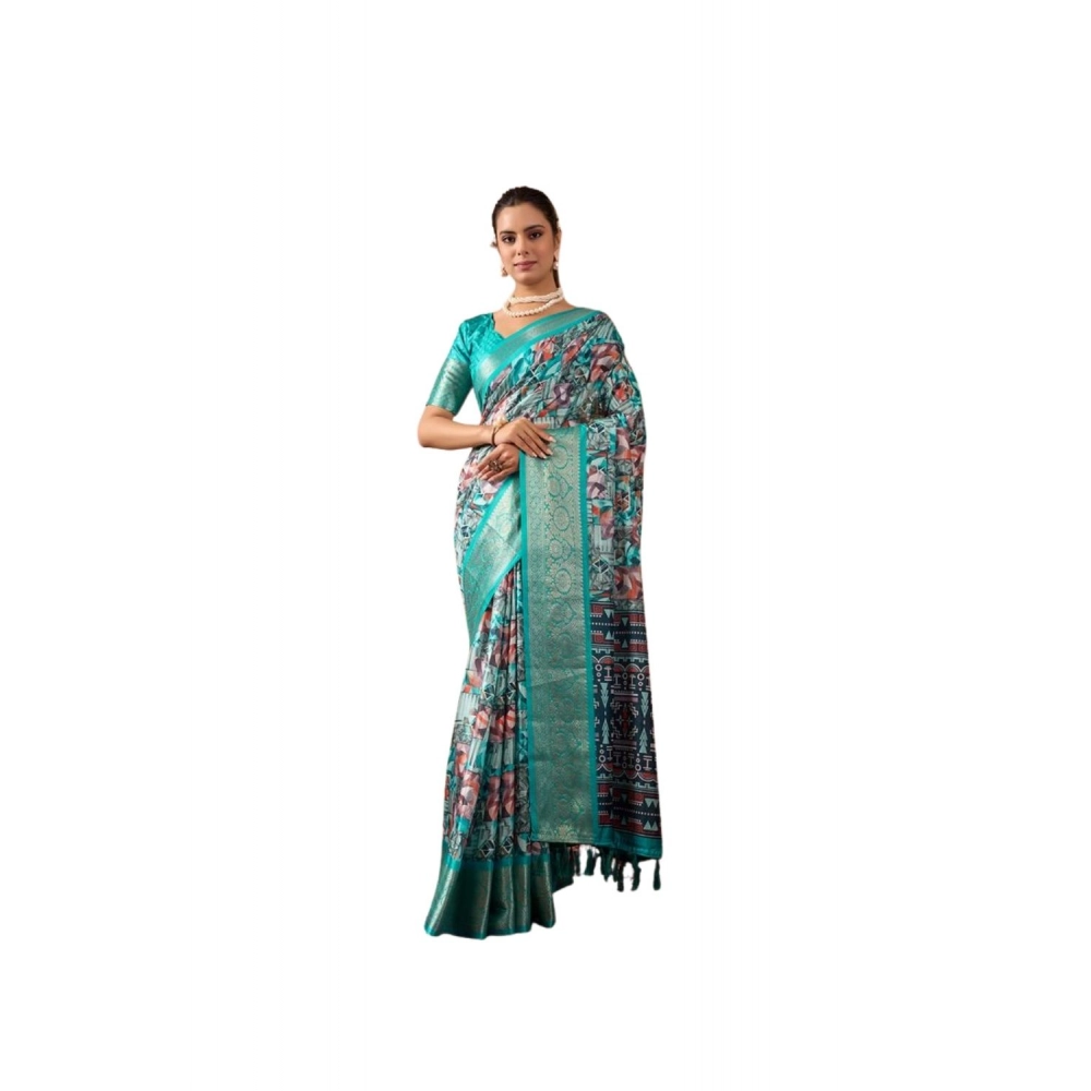 Generic Women's Faux_Silk Printed Saree With Unstitched Blouse 5.5Mtr (Turquoise)