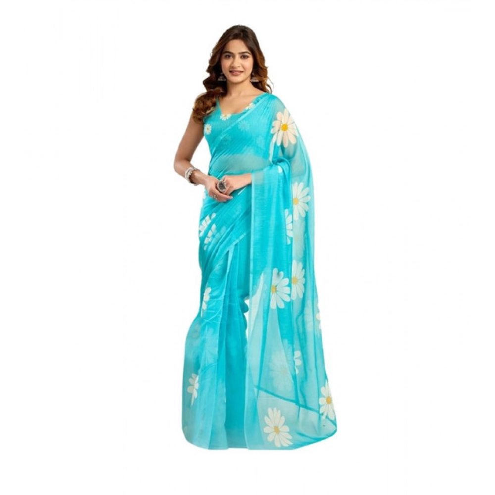 Generic Women's Linen Cotton Printed Ready To Wear Saree With Unstitched Blouse 5.5 Mtr (Aqua_Blue) Generic Women's Linen Cotton Printed Ready To Wear Saree With Unstitched Blouse 5.5 Mtr (Aqua_Blue)