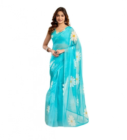 Generic Women's Linen Cotton Printed Ready To Wear Saree With Unstitched Blouse 5.5 Mtr (Aqua_Blue)