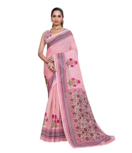 Generic Women's Linen Floral Printed Saree With Unstitched Blouse 5.5Mtr (Pink)