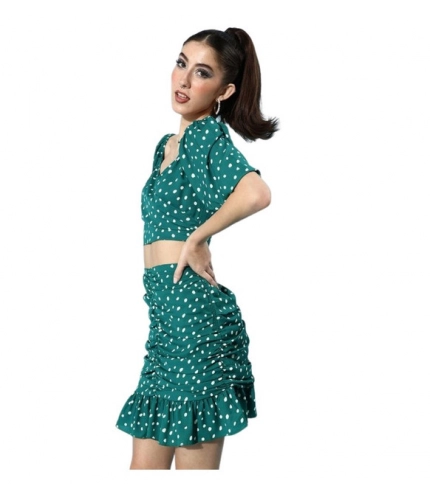 Generic Women's Polyester Floral Short Sleeve Co-Ord Set (Green)
