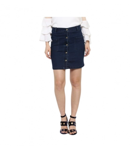 Generic Women's Denim Front Button Buttoned Skirt (Blue)