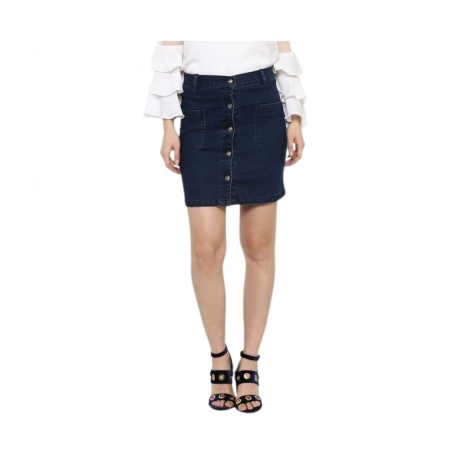 Generic Women's Denim Front Button Buttoned Skirt (Blue)