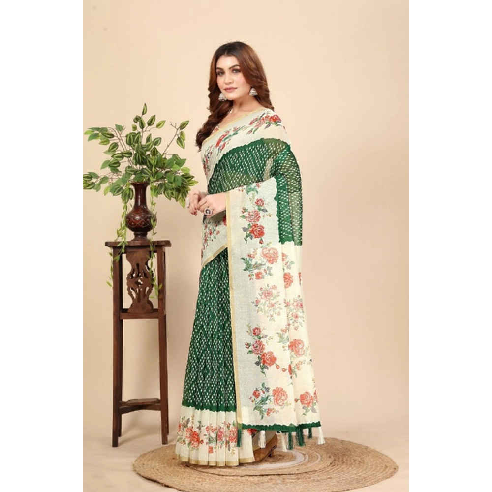 Women's Chanderi Floral Printed Saree With Unstitched Blouse 5.5Mtr (Green)